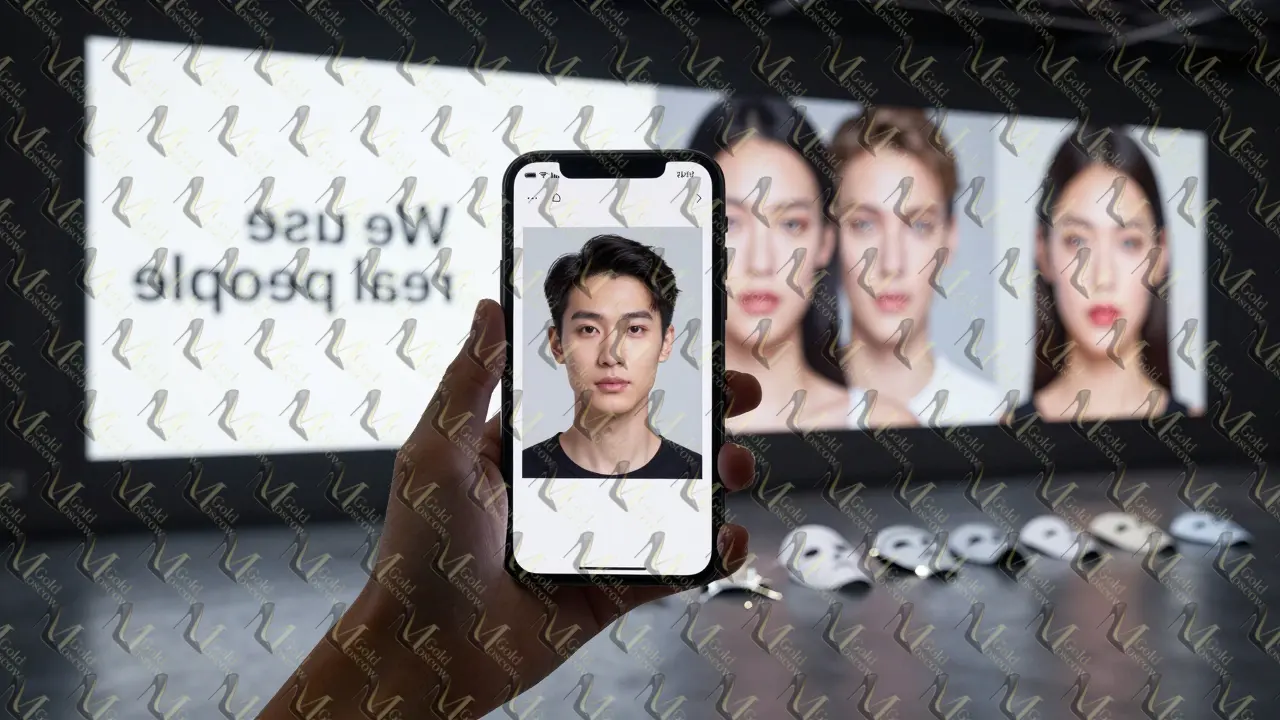 Пользователь смотрит на рекламу ИИ-модели, но в экране телефона отражается его собственное лицо.