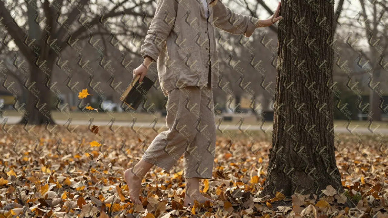 Женщина идёт по парку осенью, держит книгу, листья вокруг, одежда простая, момент спокойствия.