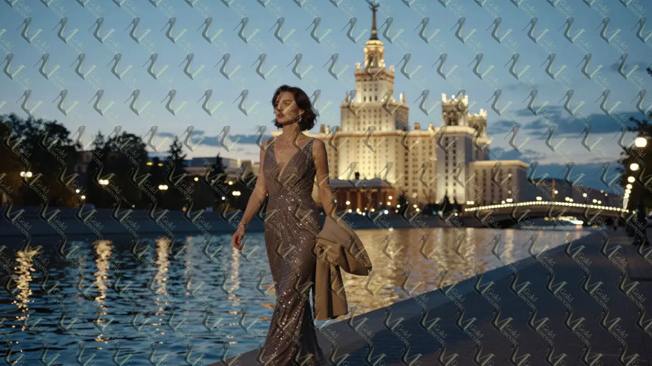 Женщина гуляет по набережной Москвы-реки при закате, на фоне музея космонавтики, мягкие огни города.