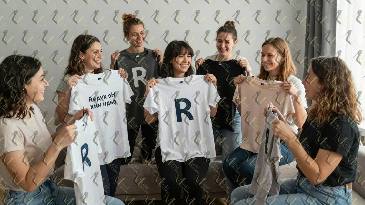 Группа женщин разных телосложений смотрят на одежду с надписью 'Я', смеются в уютной комнате.