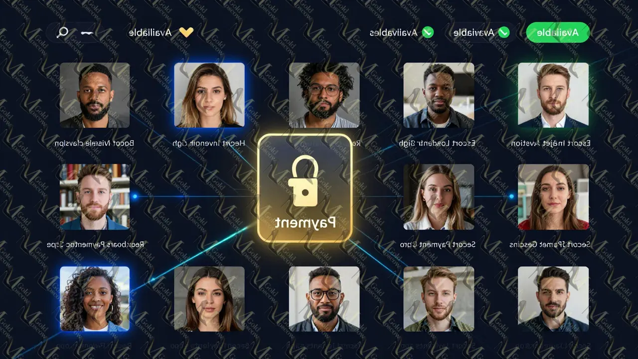 Цифровой интерфейс безопасной платформы с динамическим каталогом проверенных профилей и индикаторами доступности.