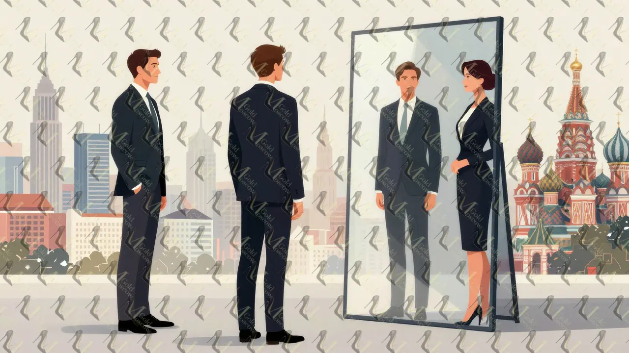 Отражение мужчины в зеркале с эскорт — символ усиления его имиджа и социального статуса.