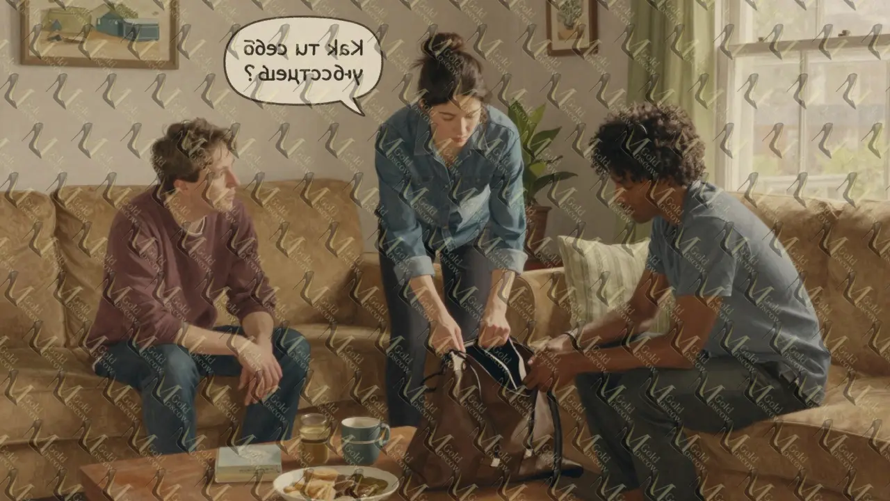 Трое людей в гостиной: один помогает поднять сумку, другой спрашивает о чувствах.