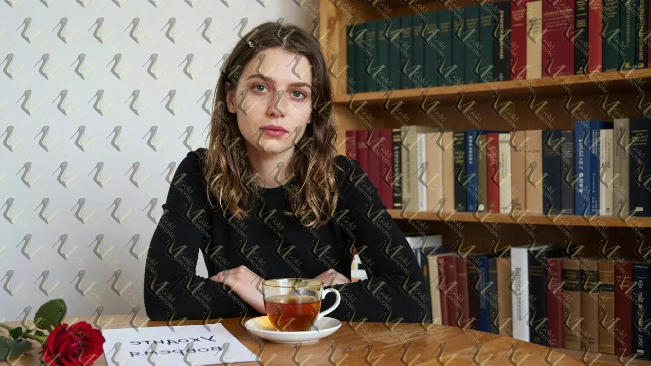 Женщина в спокойной обстановке своей квартиры, окружённая книгами и тишиной.