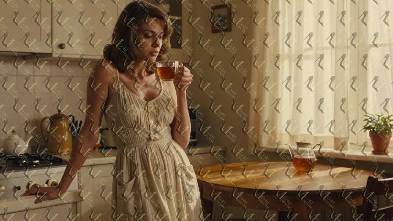 Златослава с чашкой чая в кухне, в летнем платье с карманами, без идеализации.