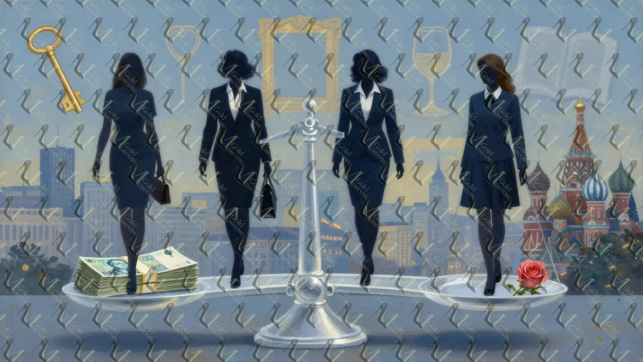 Прозрачная чаша весов с розой и деньгами, над которой возвышаются силуэты женщин разных уровней сервиса.