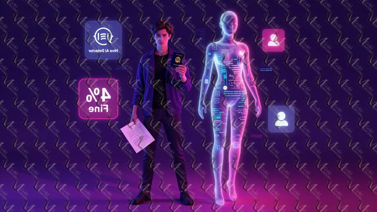 Цифровая модель из кода против реальной модели с паспортом, на фоне символов проверки и штрафов.