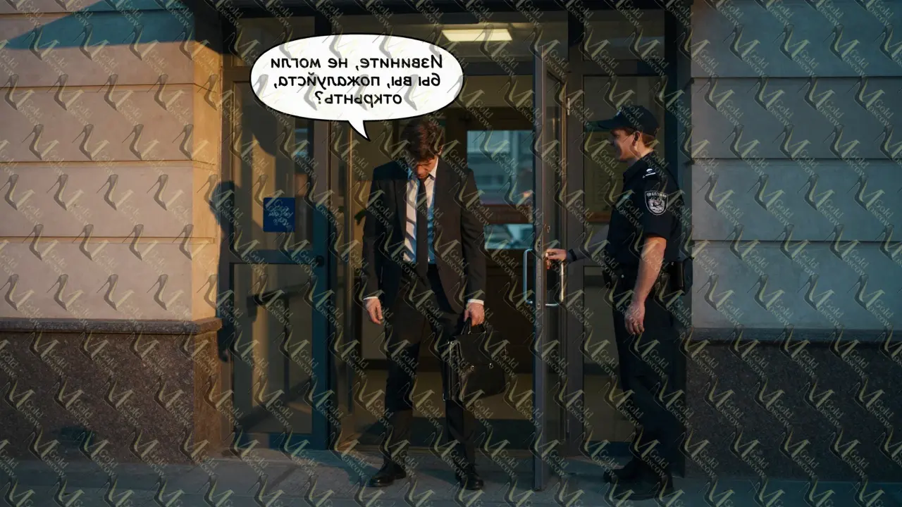 Мужчина в деловом костюме вежливо просит открыть дверь охраннику на закате.