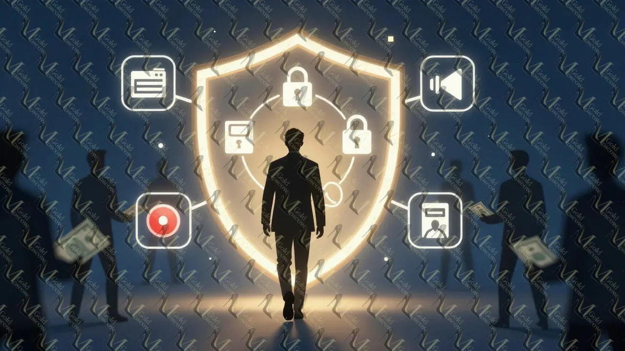 Защитный щит из элементов безопасности — видео, замок, сайт — отгоняет тени мошенников.