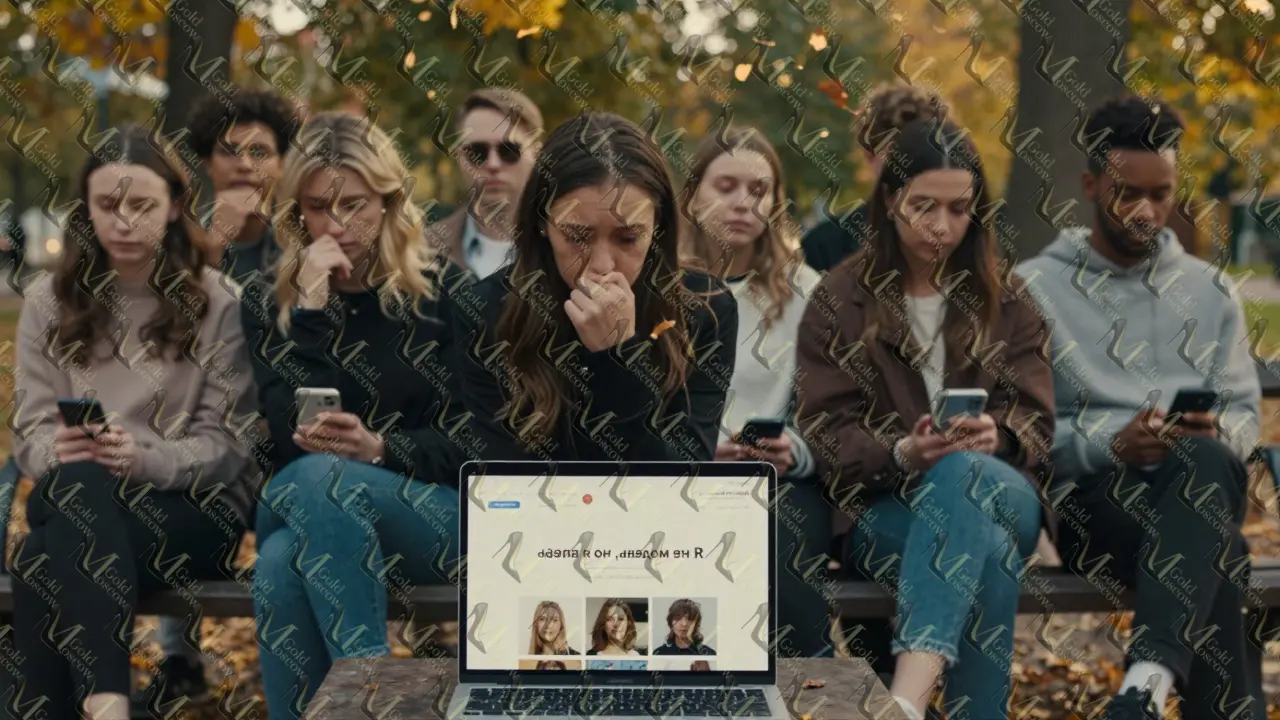 Группа людей на скамейке в парке смотрят на телефоны, на которых отображаются лица реальных моделей, золотой час.