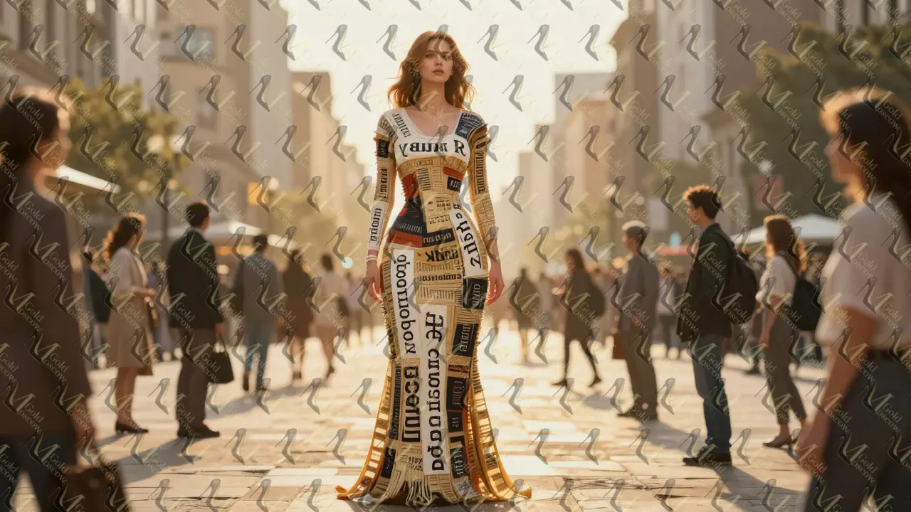 Женщина с пышными формами как памятник, её тело состоит из текстов о самопринятии, вокруг толпы в модной одежде.