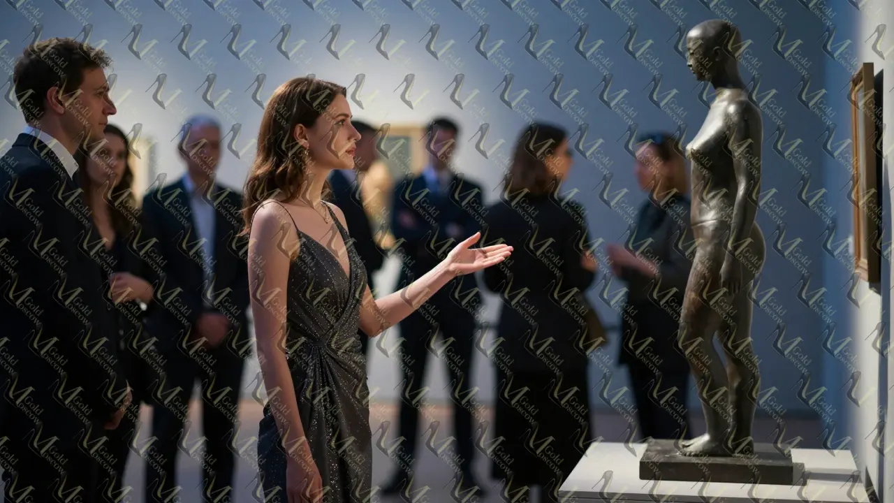 Женщина в вечернем платье беседует с гостями в галерее современного искусства в Москве, атмосфера элегантности и профессионализма.