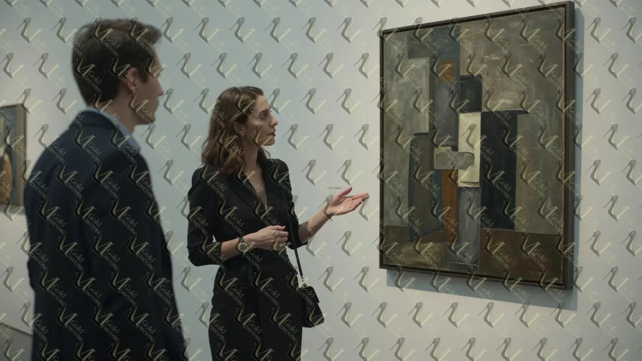 Женщина объясняет современное искусство клиенту в галерее ГМИИ.