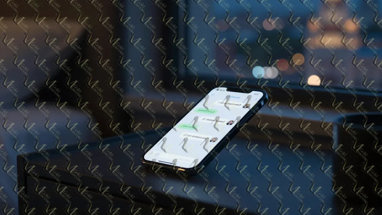 Смартфон в отеле с зашифрованным чатом, без личных данных, в тёмной обстановке.