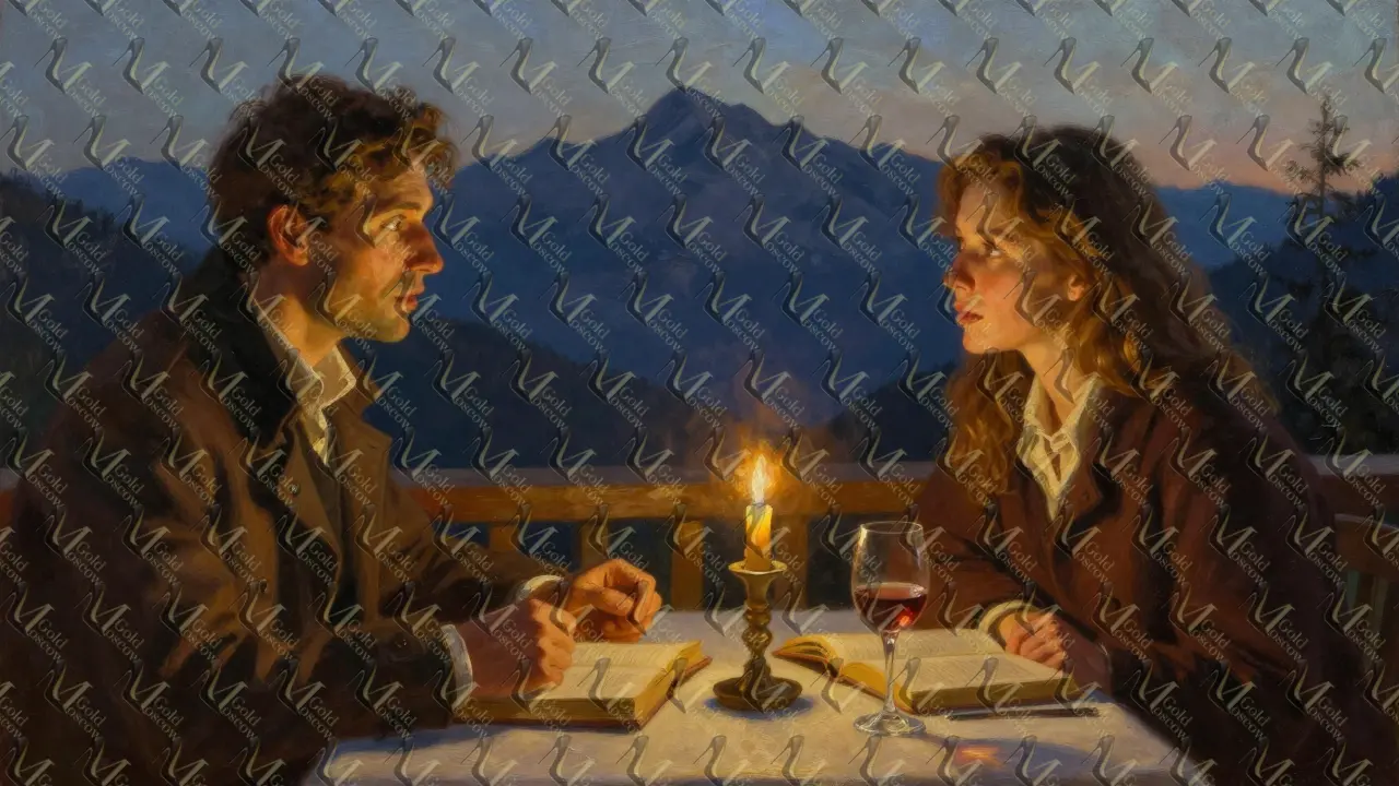 Мужчина и женщина за ужином в горах, она слушает, он говорит, свечи и тишина вокруг.