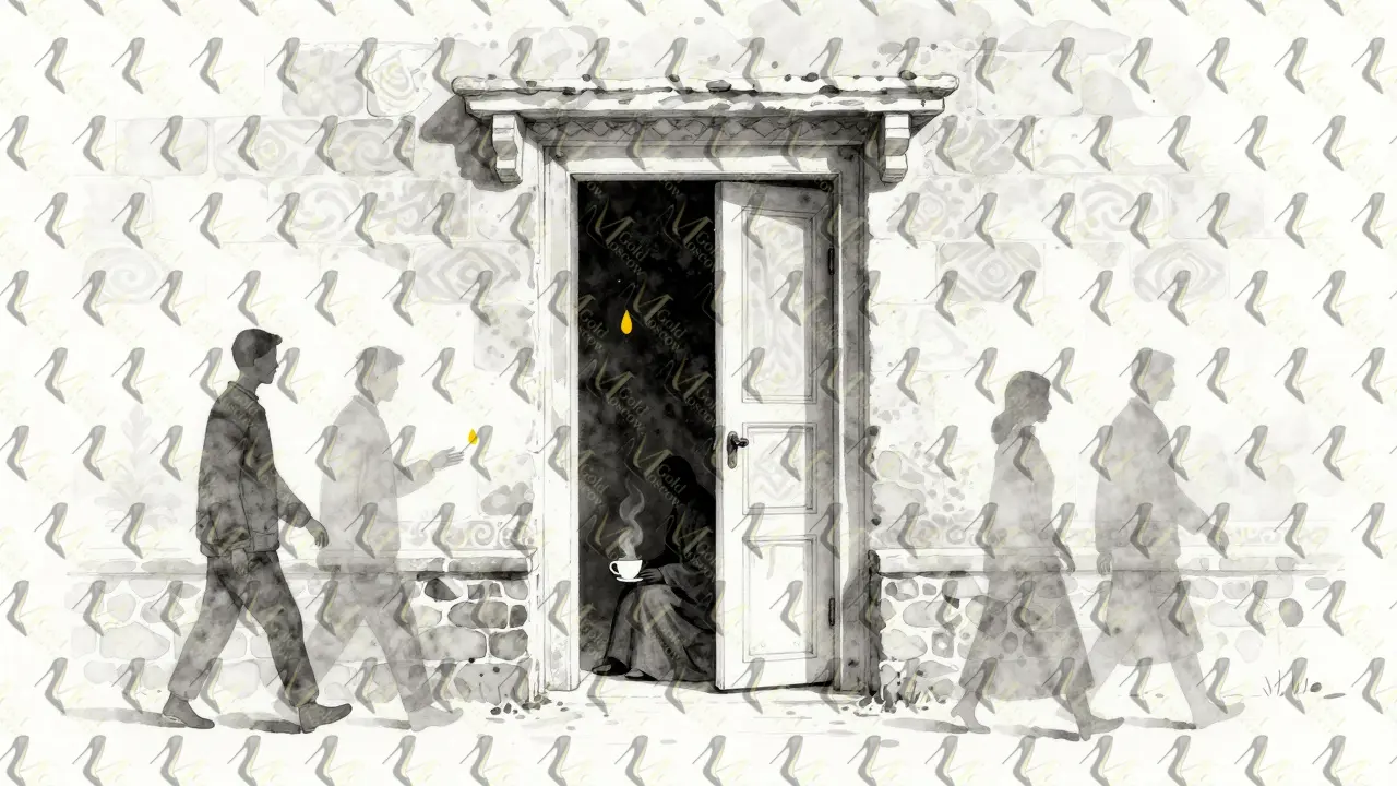 Открытая дверь в стене, внутри — тень с чашкой чая, снаружи — прохожие, не замечая, проходят мимо.