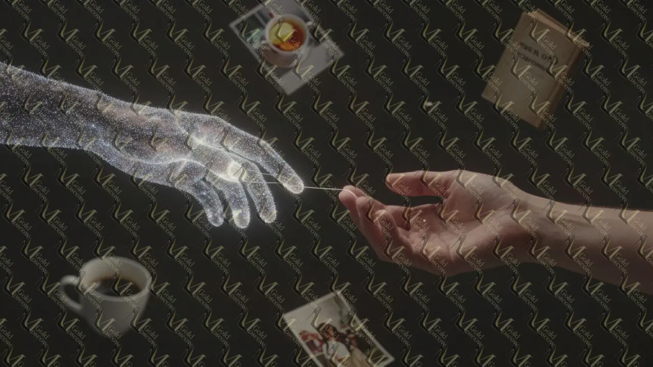 Символическое соединение человеческой руки и цифровых частиц, окруженных всплывающими воспоминаниями.