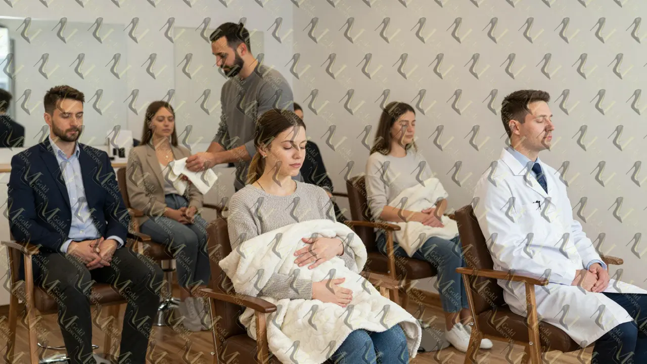 Разные люди в салоне в тишине: врач, мать, мужчина — каждый в спокойном состоянии, мастер осторожно помогает.