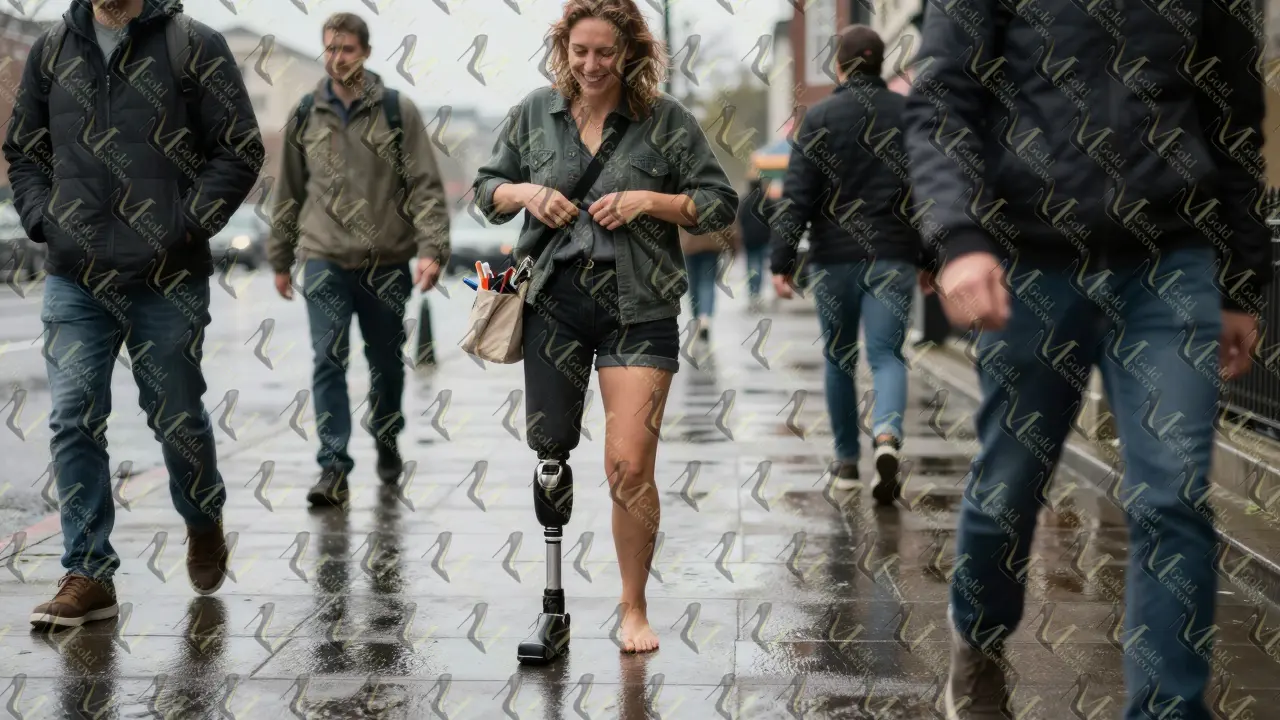 Женщина с протезом ноги смеётся на мокрой улице, её тень длинная, вокруг — суета прохожих.