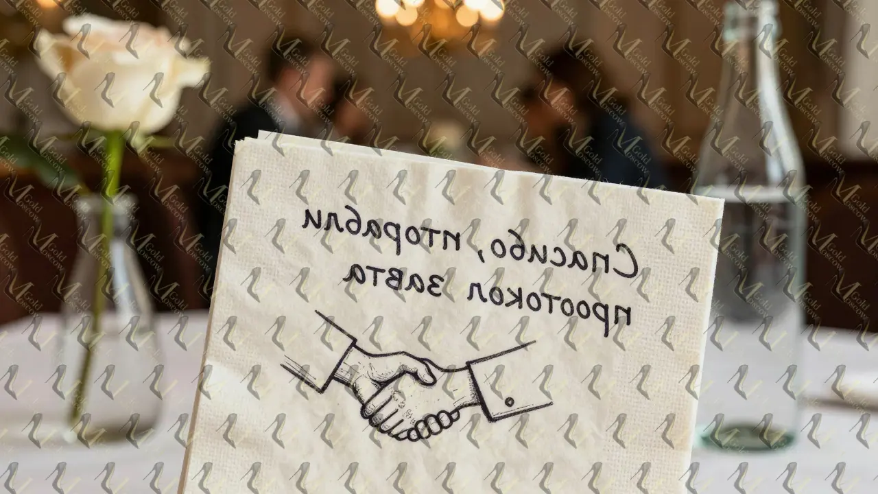 Рукописная записка на салфетке с фразой о протоколе, минеральная вода и роза на столе.