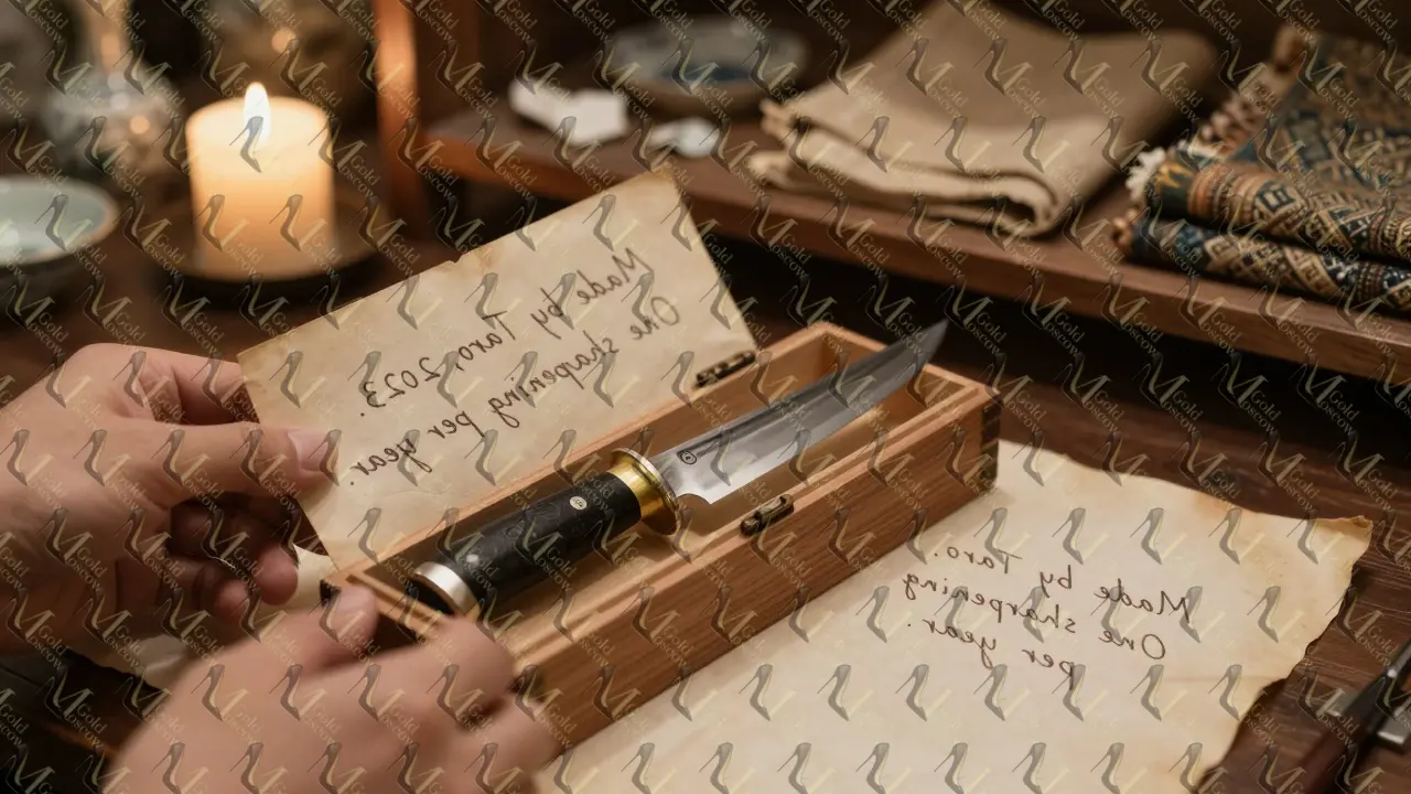 Рука раскрывает деревянную коробку с японским ножом, рядом — архивные ткани и фарфор начала XX века.