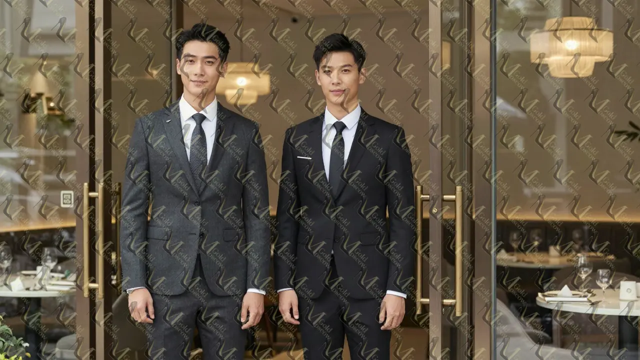 Женщина и мужчина у входа в премиальный ресторан White Rabbit, элегантная одежда, атмосфера уважения и стиля.